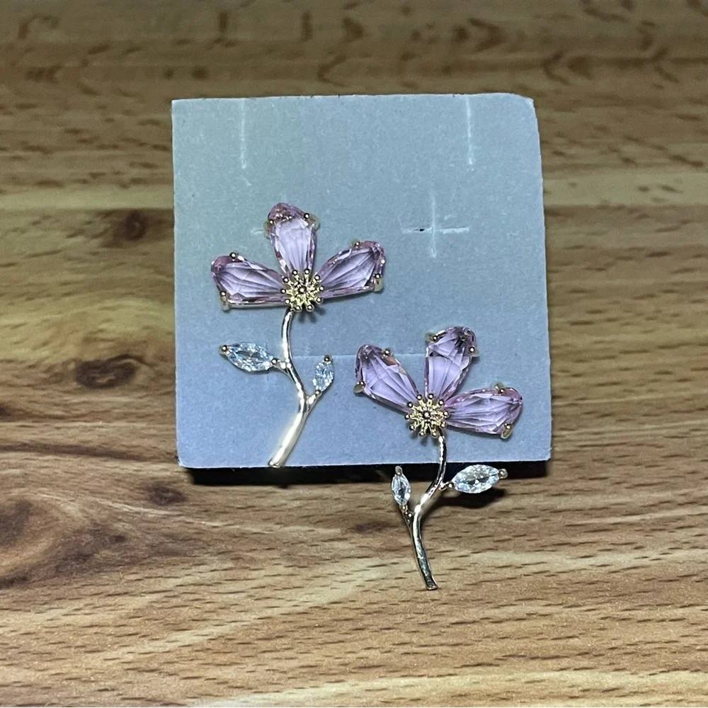 Pink Flower Stem Women Earrings  14K Gold Plated